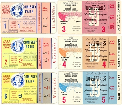 1959 World Series Los Angeles Dodgers vs Chicago White Sox Ticket Stubs for All 6 Games